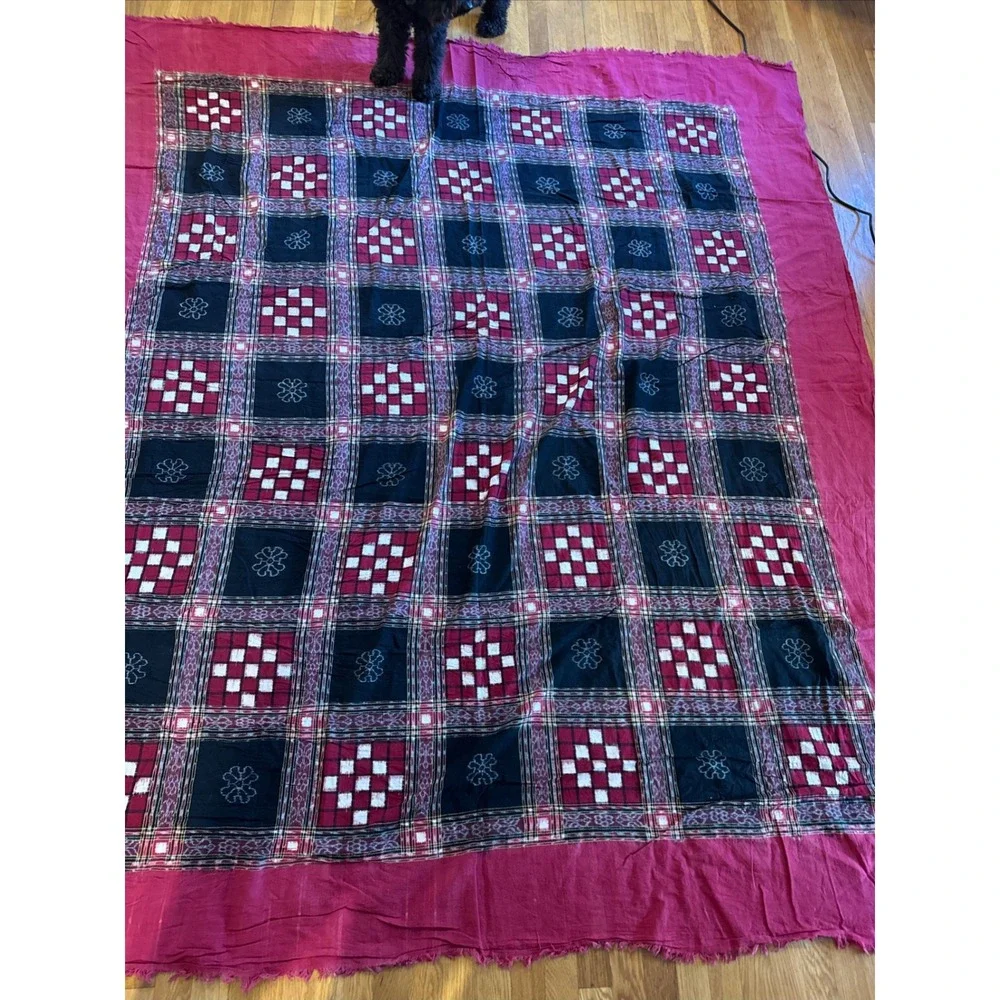 Sambalpuri Ikat Cotton Fabric Red Black Pasapalli Checkerboard Handloom Coverlet